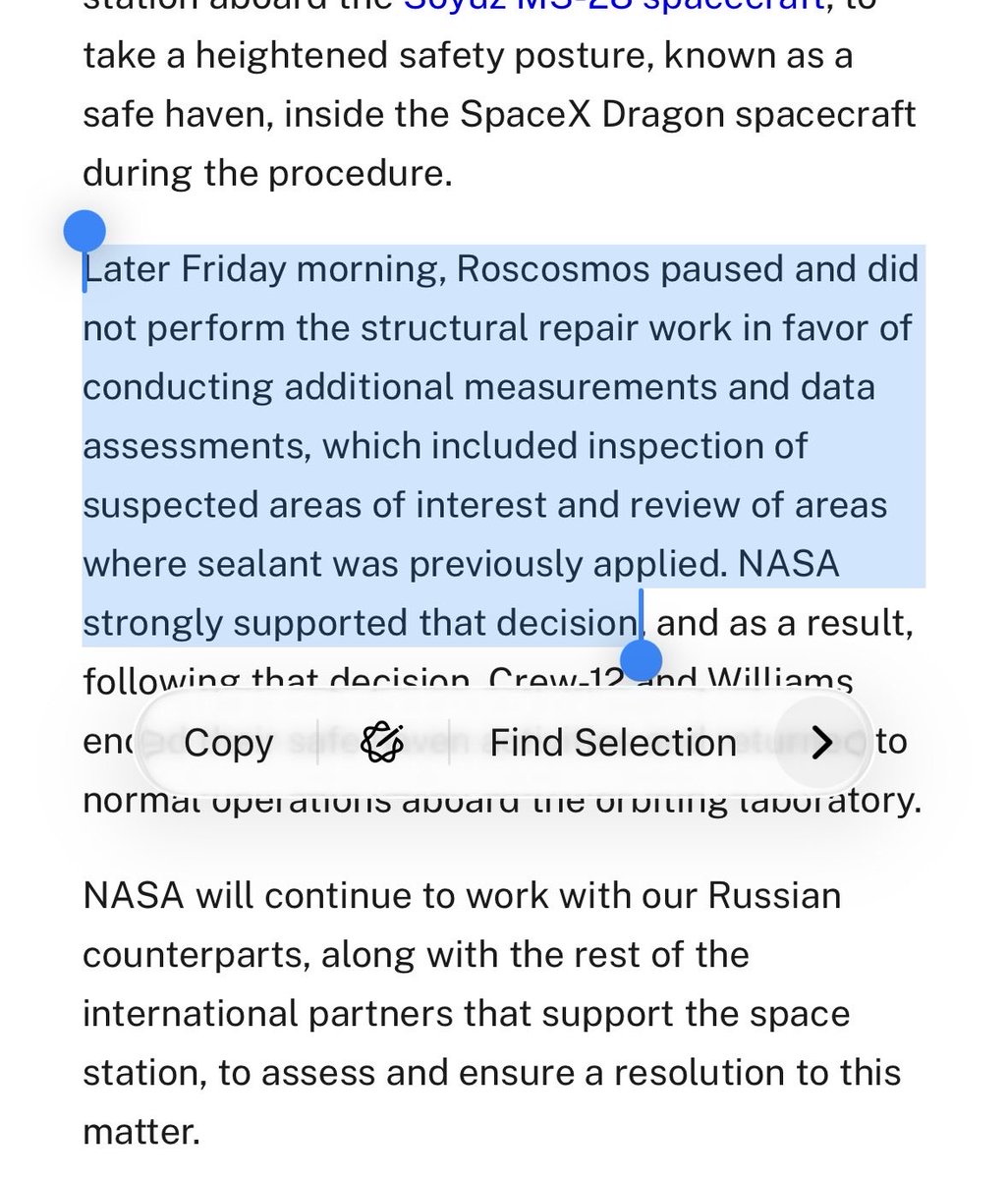 SpaceDavenport's tweet photo. NASA says it “strongly” supported the Russian decision to wait on ISS leak repairs, which forced crews to temporarily evacuate station to their capsules. Always interesting trying to read btwn the lines of these carefully worded releases and note the use of words like strongly. https://t.co/IoukXbWo75