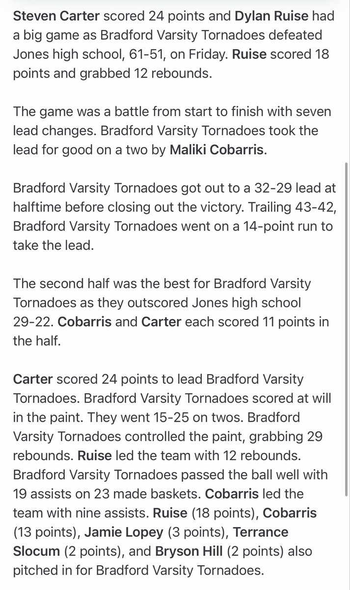 TornadoBoysHoop's tweet photo. Day 1 at St. Leo University Team Camp 🏀

2-1 record 

Totals:
Steven Carter scoring 53 points &amp; 11 assists

Maliki Cobarris with 36 points &amp; 16 assists 

Dylan Ruise contributing 40 points &amp; 19 rebounds

@StevenCCarter23 @malikicobarris 
@ruise_dylan @SaintLeoMBB @HenkeSpencer https://t.co/DrTuTL5eQF