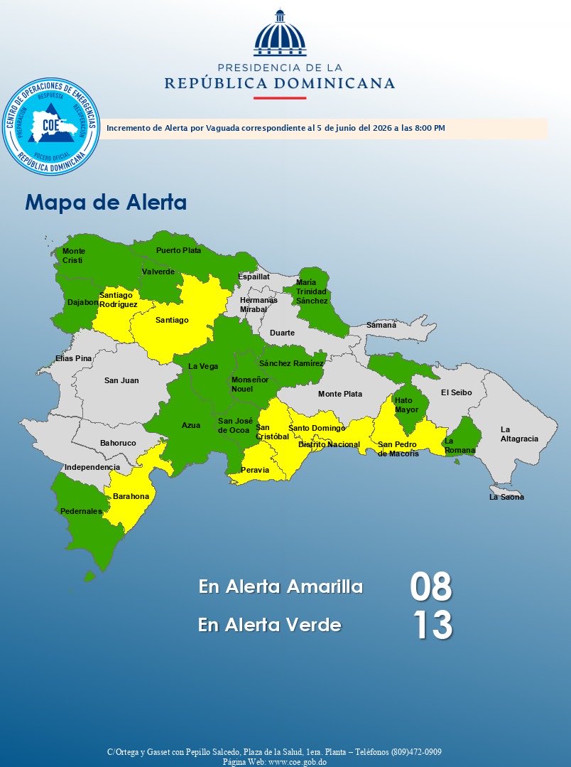 COE_RD's tweet photo. El COE aumenta 7 provincias en alerta amarilla y el Distrito Nacional y 13 en alerta verde, debido al informe del INDOMET e INDRHI, la cual establece que, las condiciones atmosféricas estarán influenciadas por la incidencia de una vaguada en altura ubicada al noroeste del país. https://t.co/QN8VOMdp4f