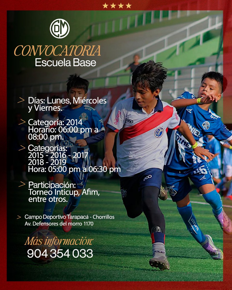 CCDMunicipal's tweet photo. Club Centro Deportivo Municipal presenta la Escuela Base 💪

📲 904 354 033
📍 Lugar: Campo Deportivo Tarapacá – Chorrillos
⚽️ Participación en: Torneo Inticup, Afim, Torneo IDV, entre otros.

¡Echa Muni! 🔴⚪️ https://t.co/qBoxhyBKf5