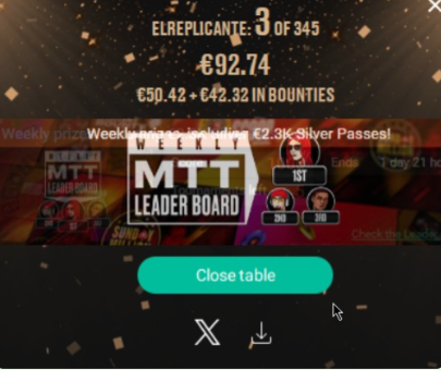 Dalmuedo's tweet photo. Gano el Bounty builder y este AA vs KK (que es lo peor que te puede pasar en una mesa final) me impide campeonar también el Mistery bounty... la noche redonda de todos modos, casi +300€... Sigo en racha... ojala runear así de bien en el Main Event de Málaga también... https://t.co/MrtPs8V8uT