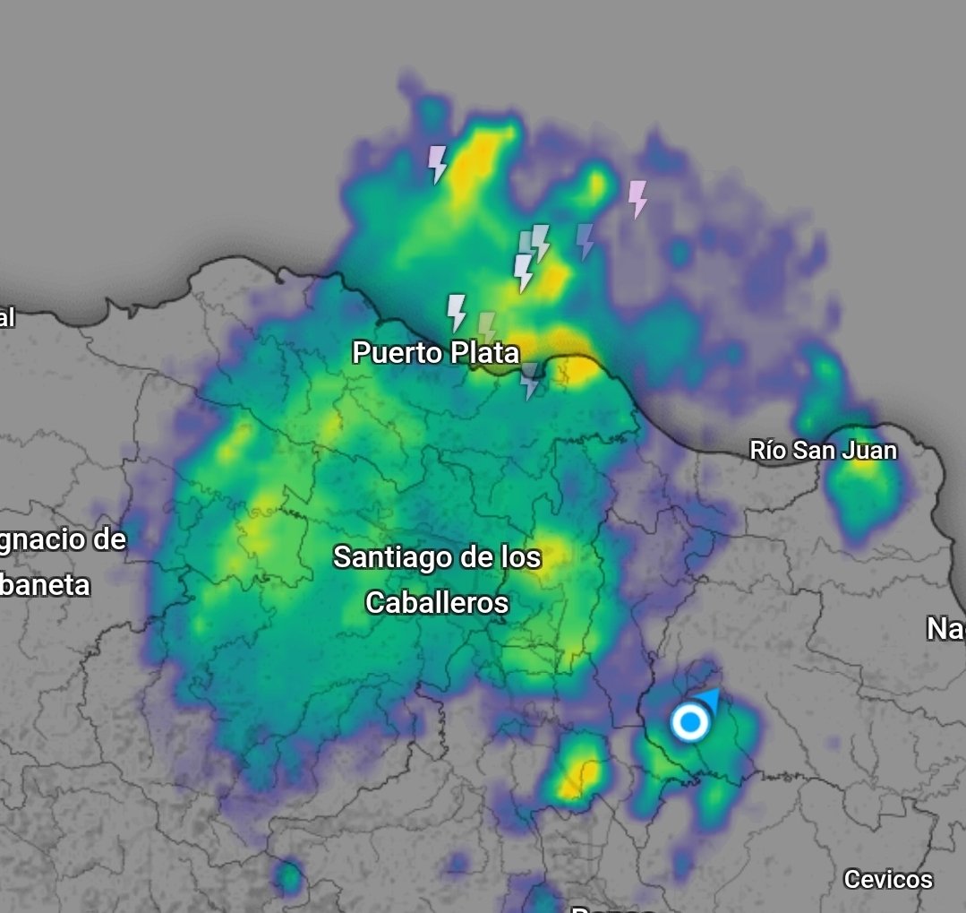 TemporadaCiclon's tweet photo. ⚠️ADVERTENCIA ⚠️ 
Sigue las #lluvias y tormentas eléctricas sobre Santiago de los Caballeros y Puerto Plata. 
ATENCIÓN A LAS INUNDACIONES REPENTINAS QUE SE PUEDAN PRODUCIR. 🚨 #TiempoRD https://t.co/SsB7k4h2vA