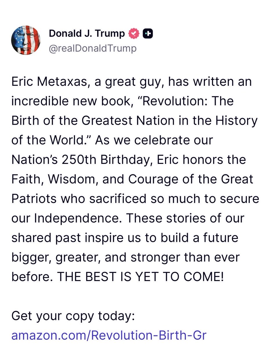 JaredFlemingAZ's tweet photo. President Trump made a HUGE endorsement for THE definitive book on the American Revolution!!

REVOLUTION is an incredible book and when Americans read this book patriotism will stir to new highs in our country.

God bless the USA!

@ericmetaxas @POTUS https://t.co/whD6W96JlL