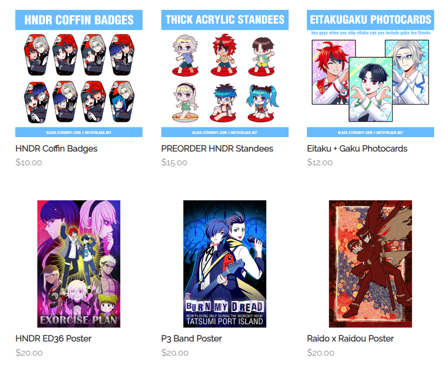 artist_black's tweet photo. My online store is now updated! Now with The Amazing Digital Circus, even more Hundred Line, Persona, Raidou, Hololive, Corbeau, and Iskandar 🫶
 
https://t.co/9nFVVG8D2P https://t.co/2zWC0co0nl