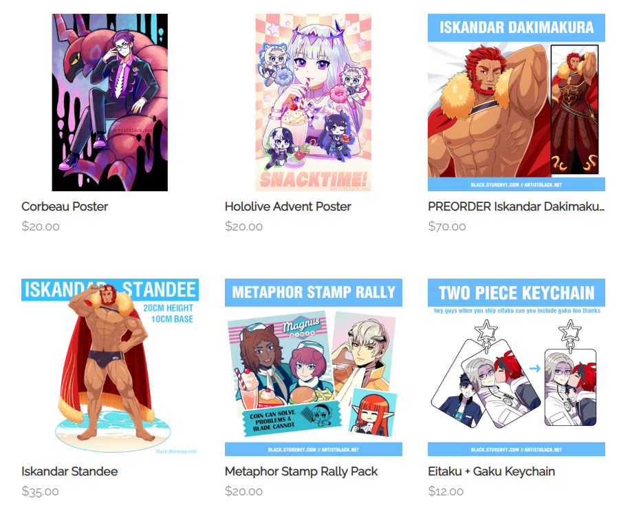 artist_black's tweet photo. My online store is now updated! Now with The Amazing Digital Circus, even more Hundred Line, Persona, Raidou, Hololive, Corbeau, and Iskandar 🫶
 
https://t.co/9nFVVG8D2P https://t.co/2zWC0co0nl