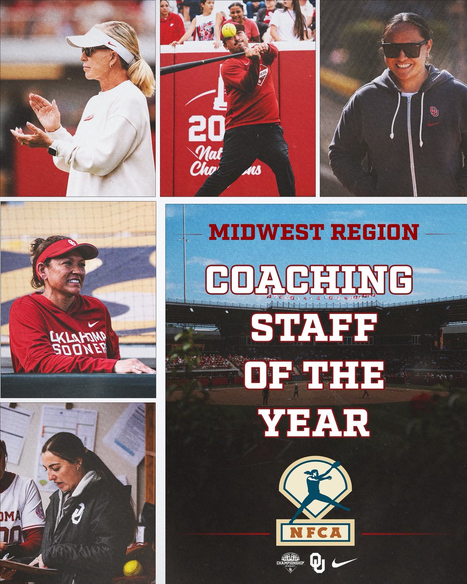 OU_Softball's tweet photo. .@NFCAorg Midwest Region Coaching Staff of the Year 👏

2026 marks the 18th such honor for the Sooners! https://t.co/dqzNfv1MkN