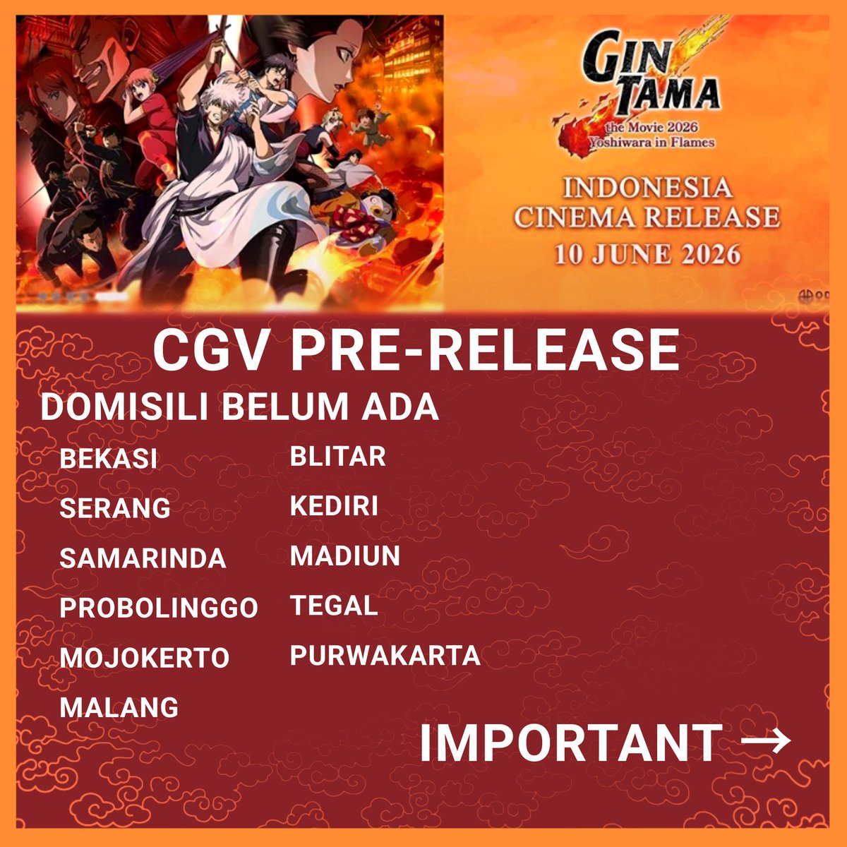 F0N4UR's tweet photo. [ RT/LIKE really appreciate agar menjangkau ke fans lainnya! ]
⚠️PENAYANGAN GINTAMA YOSHIWARA IN FLAMES DI INDONESIA 4 HARI LAGI

[ Penayangan merata, DAY &amp; TIME yang masuk akal, Kejelasan Fan Screening ]
Semoga admin CBI &amp; CGV segera notis sama hal ini🙏🏻 https://t.co/ZBSUS53iCD