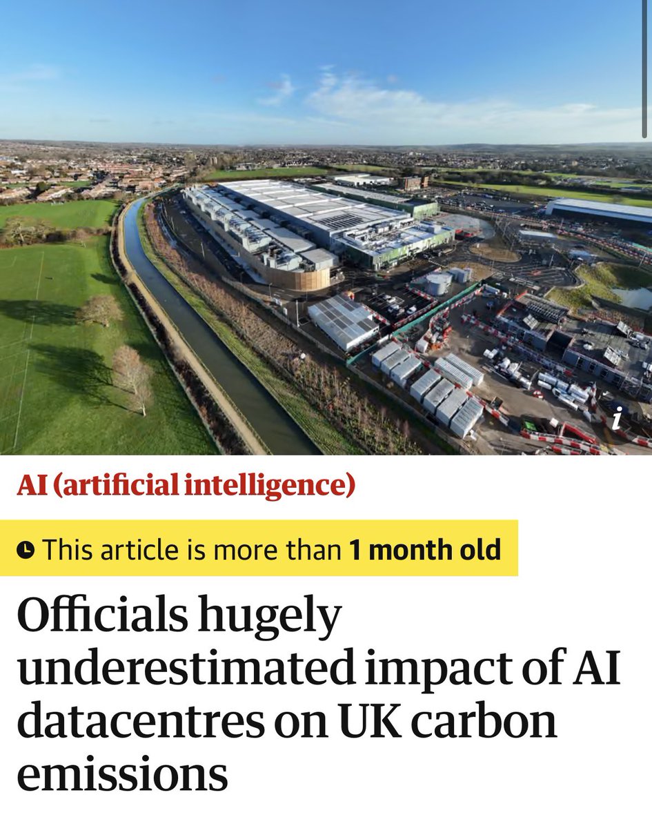 JamesMelville's tweet photo. The UK government vastly underestimated carbon emissions from AI data centres and now raised their estimate by more than x100.

Energy use by AI data centres in the UK could cause emissions of 123m tonnes of carbon dioxide – as much generated by 2.7 million people over 10 years.

Net zero for us, but not for the tech giants.