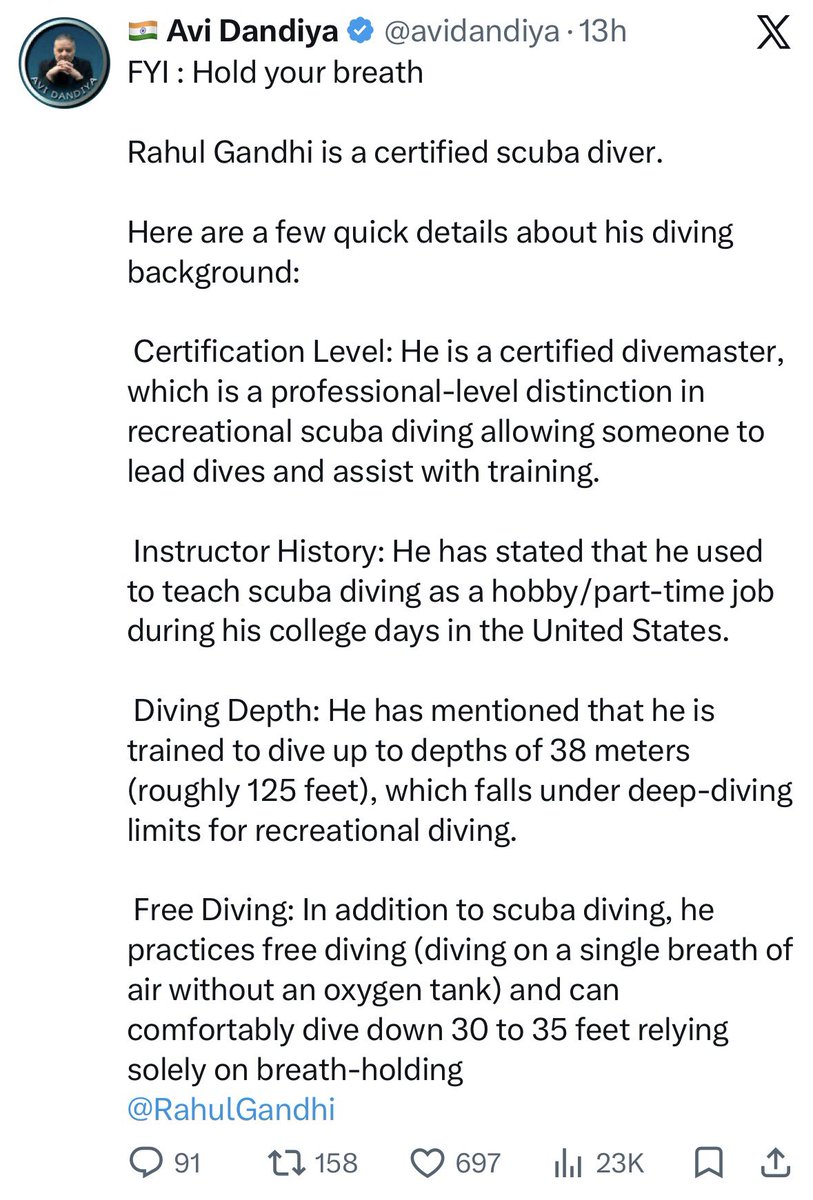 bindeshpandey's tweet photo. Broadcast message from #Congress IT cell: project #RahulGandhi as cool, GenZ icon, future prime minister. Outcome - see the pictures. And then they can #Dhurandhar a propaganda. 

Now the substance: since when Scuba Diving, Martial Arts have become requirements to be a PM. Bro, give us your vision for the country. Pick up an administrative role - and show what you can do on ground. Congress has govt in Himachal, become CM and make Himachal the best state for tourism. You are in power in Karnataka, become CM there and bring up one more Bengaluru.  But without any of that, why should anyone vote for you - because you hold pilot license, certified scuba diver, trained in martial arts ?