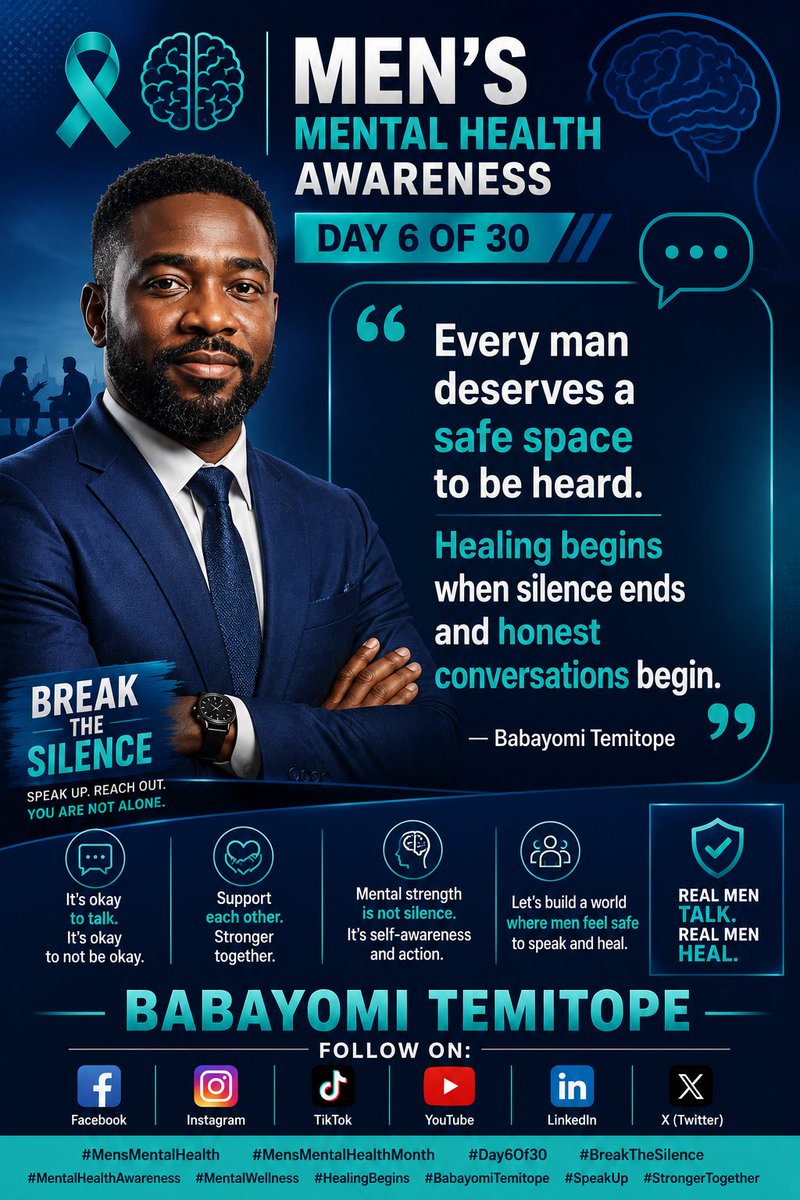 BABAYOMITEMITO2's tweet photo. MEN'S MENTAL HEALTH AWARENESS – DAY 5 OF 30

#men #june #series https://t.co/HXrD8KDk3D