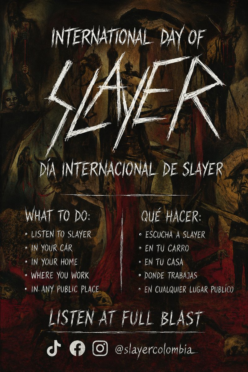 slayercolombia's tweet photo. Las reglas son claras !
#internationaldayofslayer #diainternacionaldeslayer
A todo volumen ! 🔊🗣️😈💥🎵📀
@Slayer @brianslagel @andresduranrock @moveconcertsco @PogotaConcerts @radionicafm @Radioacktiva_ @BostaphOfficial https://t.co/b1R3YG900p