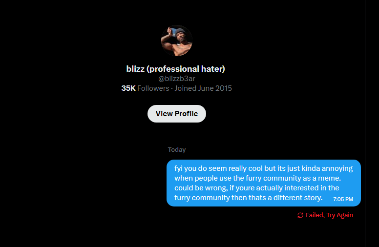 AshuronTheDerg's tweet photo. @blizzb3ar Here is the DM he blocked btw. https://t.co/dZeXhDokx2