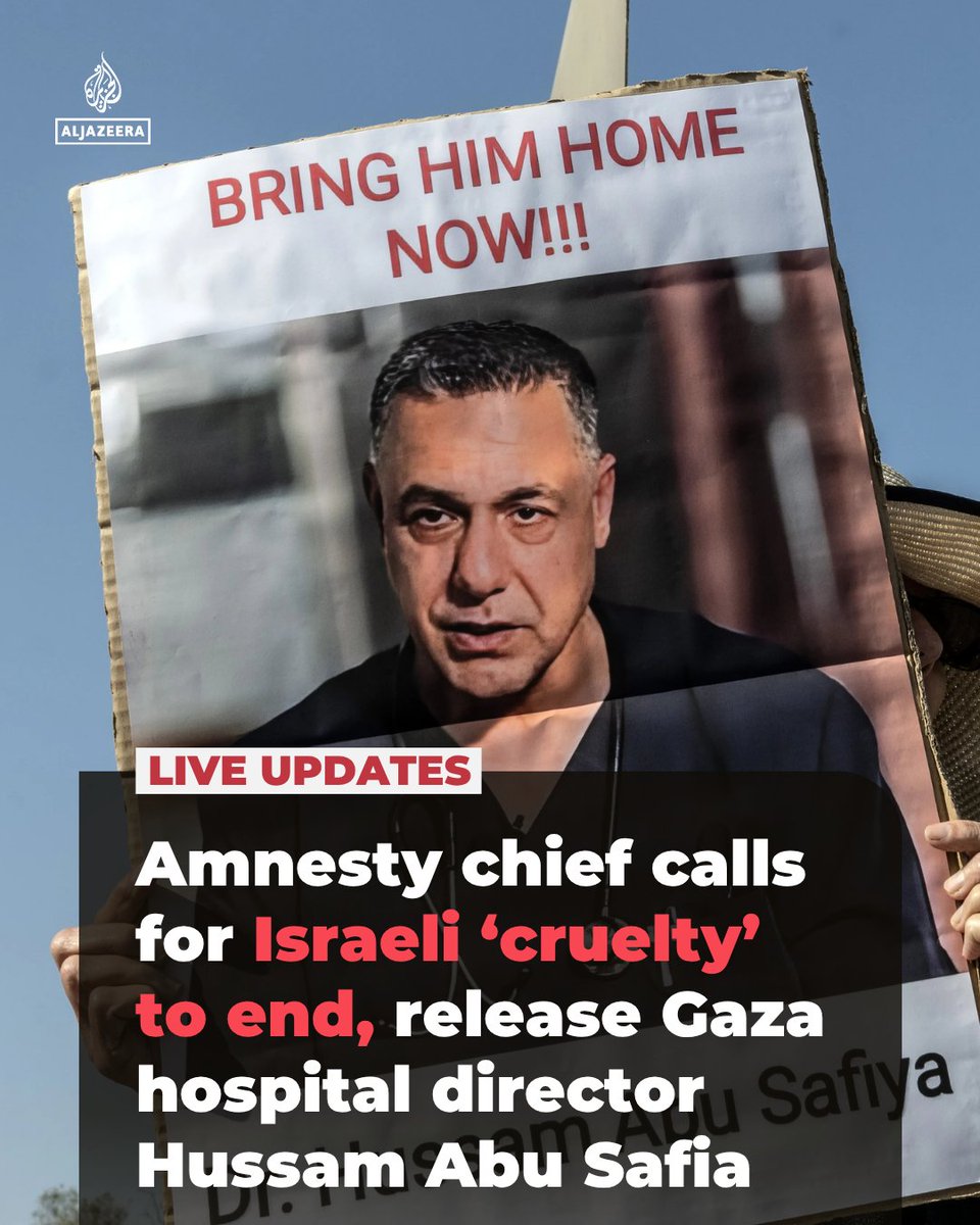 AJEnglish's tweet photo. Amnesty International’s Agnes Callamard has called on Israel to release Dr Hussam Abu Safia, the director of Gaza’s Kamal Adwan hospital, following reports that he was moved to solitary confinement in Israel’s Nafha prison.

🔴 LIVE updates: https://t.co/gpUagZzfC0 https://t.co/UVpy15EdUn