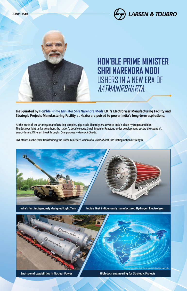 larsentoubro's tweet photo. Ushering in a new area of #Aatmanirbharta! 
Inaugurated by Hon'ble Prime Minister Shri Narendra Modi, L&amp;T's Electrolyser Manufacturing Facility and Strategic Projects Manufacturing Facility are poised to power India's long-term aspirations.

#JustLeap https://t.co/2wyHOn7kYS