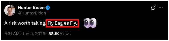 7thDean's tweet photo. Interesting post by Hunter Biden, Fly Eagles Fly...🤔

Well this is easy because there's only one Q post that uses the term Fly Eagles Fly..🐸 

Q 180
    Why is LRD chatting up Eagles on Twitter

What US President was nicknamed "Eagle" by the USSS?
FlyEaglesFly👈🦅✈️
Q

You have to wonder if this is a message from Hunter Biden to inform a certain President and his family members to get out of the country fast, they're coming after all of you..🤨

#ICYMI Eagle is the code name for former president Bill Clinton.