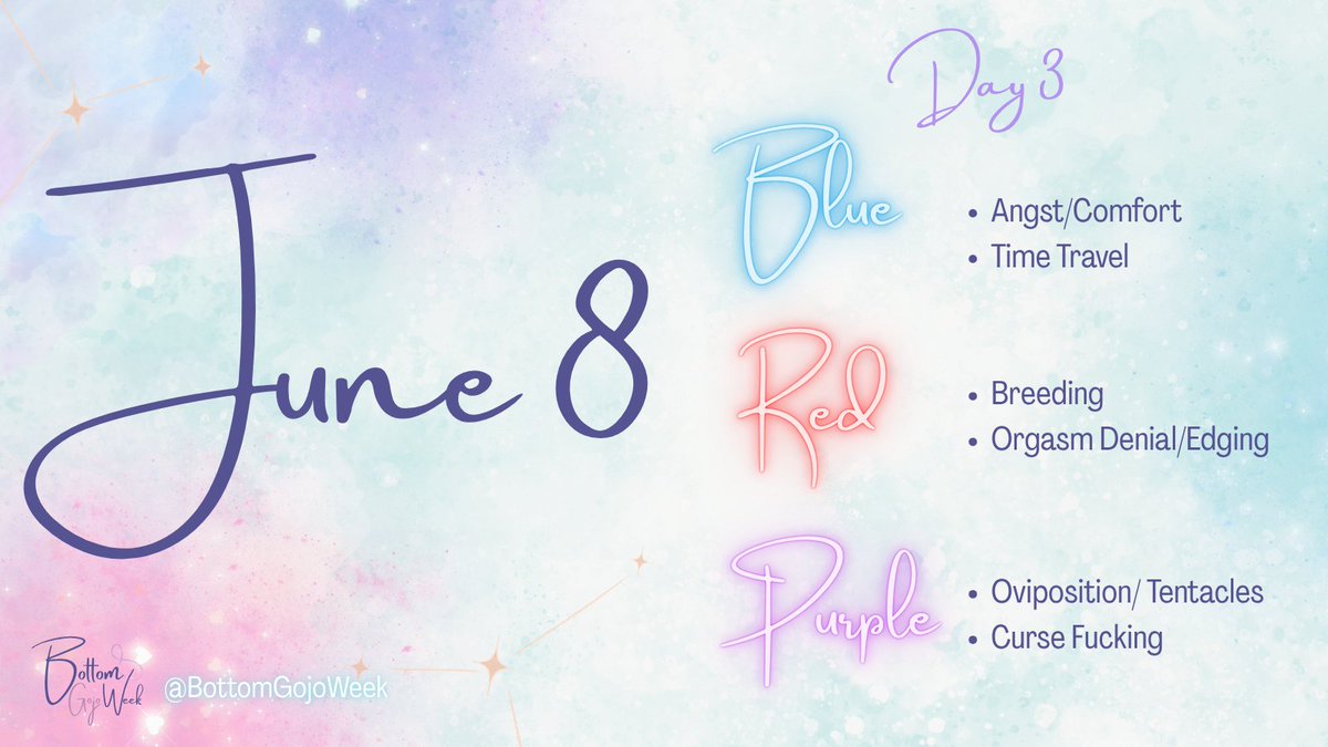 bottomgojoweek's tweet photo. Day 3 of #bottomgojoweek
June 8
💙 Angst/Comfort  or Time Travel
❤️Breeding or Orgasm Denial/Edging
💜Oviposition/Tentacles or Curse Fucking https://t.co/QJ6iFC73pC