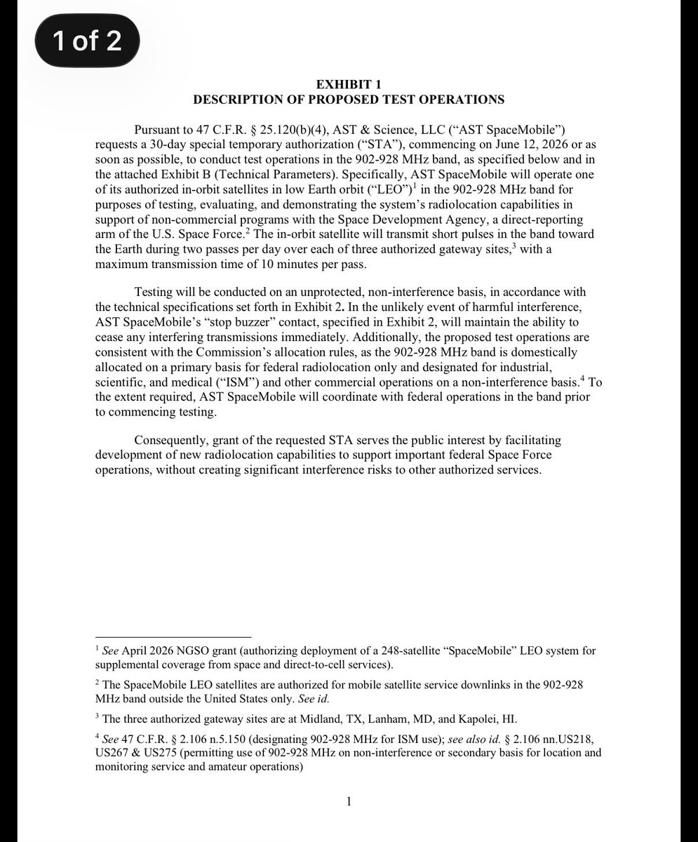 jusbar23's tweet photo. $ASTS: AST SPACEMOBILE REQUESTS STA TO TEST IN THE 902-928 MHZ BAND IN SUPPORT OF NON COMMERCIAL PROGRAMS FOR THE SPACE DEVELOPMENT AGENCY

https://t.co/YgUnY0s1Rn https://t.co/5XUN4IGCva