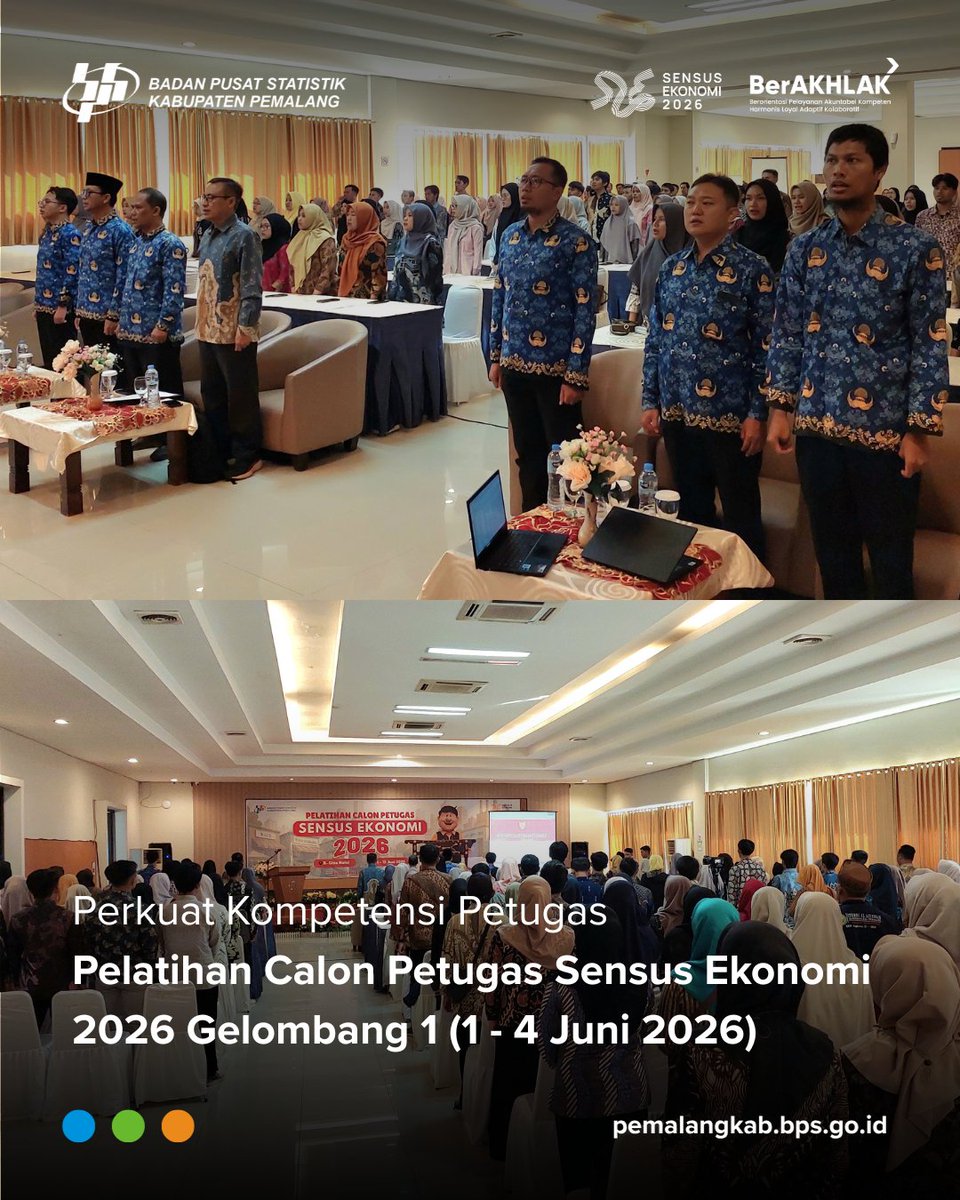 bpspemalang's tweet photo. GELOMBANG I SELESAI! SIAP MENCATAT EKONOMI INDONESIA 📊🚀
Rangkaian Pembelajaran Klasikal Luring Tatap Muka bagi Calon Petugas Sensus Ekonomi 2026 (SE2026) Gelombang I BPS Kabupaten Pemalang resmi selesai hari ini, 4 Juni 2026!

#SE2026 #SensusEkonomi #MencatatEkonomiIndonesia https://t.co/anMYp9Fwms