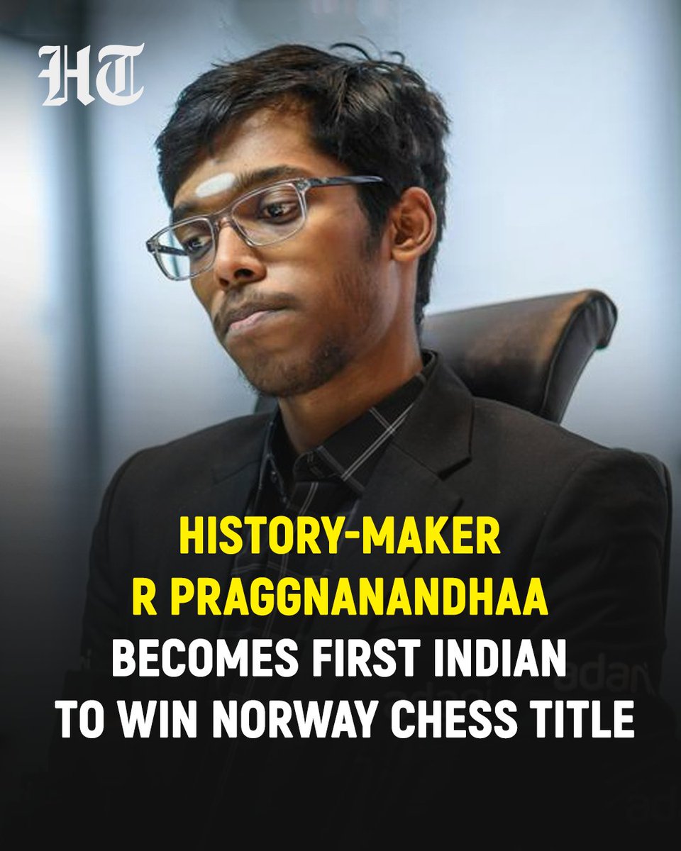 htTweets's tweet photo. R Praggnanandhaa scripted history, becoming the first Indian to win the prestigious Norway Chess title, after a final-round victory against Germany's Vincent Keymer in Oslo on Friday. The 20-year-old started the day in third position with 15 points. He delivered when it mattered the most, beating Keymer to get three full points as he finished on 18. He achieved a feat that had eluded even Indian chess legend Viswanathan Anand and reigning world champion D Gukesh among others, since the tournament's inception in 2013.

More details: https://t.co/8VHyObe6XP