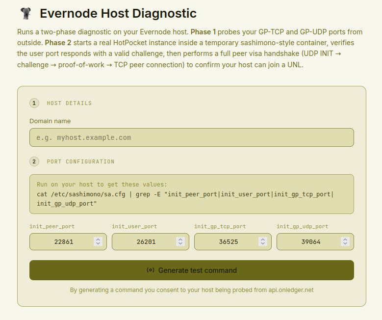 offledger's tweet photo. Running a host on the @EvernodeXRPL network but you're unsure whether it conforms to all the different port settings that are required to make the host work properly?

I've built https://t.co/LG4tuoLgt4 which creates an instance on your host and tests if you comply. https://t.co/9OLYxpsb6E
