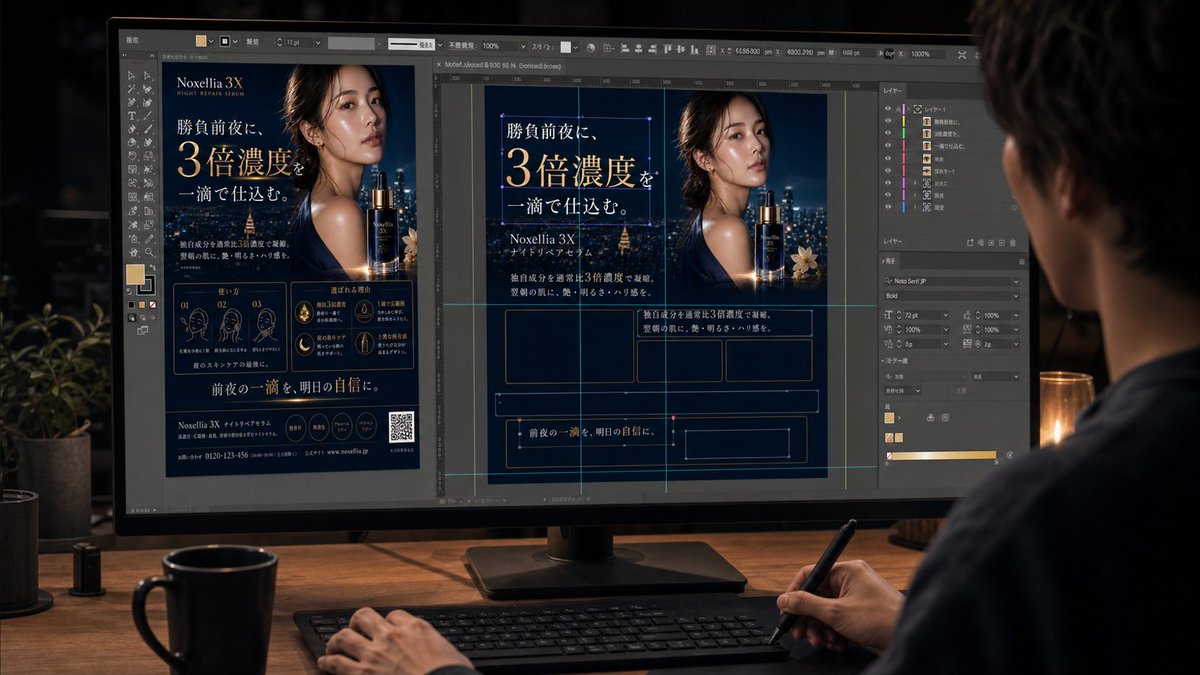 threemdesign's tweet photo. 「AIはデザインの現場じゃ使えない」ずっと、言われてきたこれ。Reveで変わるぞ。

・編集できない問題 → 要素ごとにレイヤー分解、非破壊で編集できる

・誤植が直せない問題 → 一文字だけ書き換えられる（元の質感そのまま）

・データが小さい問題 → ネイティブ4K（最大16メガピクセル）

・精度・再現性が低い問題 → 構造で位置を保持、直しても全体がブレない

実践してみた。
↓
https://t.co/Kyo7rqLJTy

#Reve