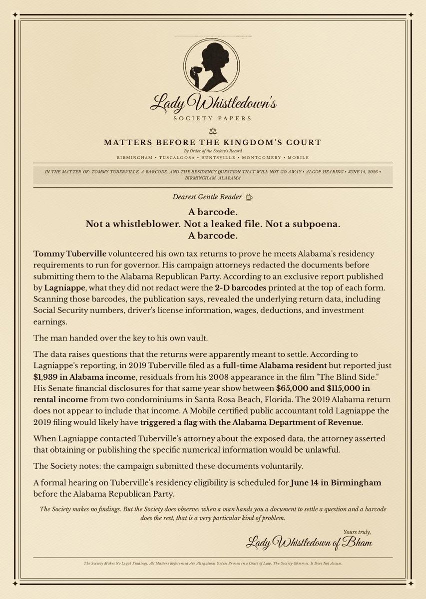 ScottButtram's tweet photo. Well, the Tuberville residency issue just took a turn, but I don't know in what direction.. I have no idea what this means or if it means anything. But they didn't redact a barcode? Which everyone with a pulse knows holds nothing but data? Why? #alpolitics @Mark_McEathron https://t.co/96GS9V0ilG
