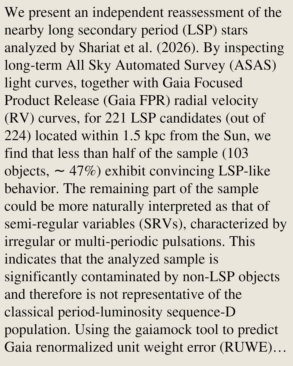 VTWV's tweet photo. Eppur binaria non é esclusa: Gaia astrometry does not disfavor a binary origin for Long Secondary Periods

Patryk Iwanek, Piotr A. Kołaczek-Szymański, Dorota M. Skowron, Grzegorz Pojmański, Igor Soszyński
https://t.co/mQPc7Gu6NH [𝚊𝚜𝚝𝚛𝚘-𝚙𝚑.𝚂𝚁]
💬Submitted to AAS Journals https://t.co/UeWR3JwLBK