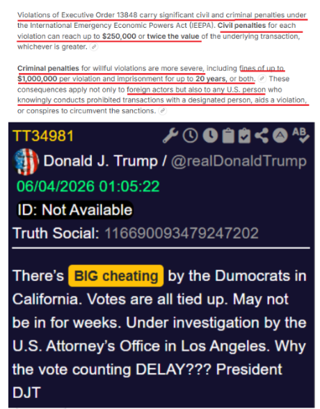 SantaSurfing's tweet photo. Consequences for Violations of EO  13848 includes foreigners AND U.S. Persons! 
Violators face Civil and Criminal penalties!🔥🔥

Trump called out the Dumocrats in the California Election - "BIG Cheating"!

Trump Traps are set!!!  👊 https://t.co/BvQ0Xmqo0o
