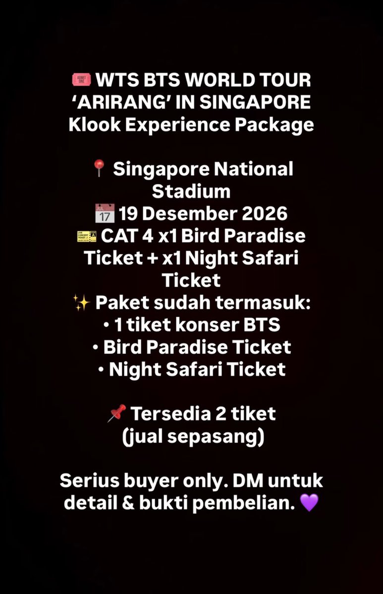 daajez's tweet photo. WTS BTS WORLD TOUR ‘ARIRANG’ IN SINGAPORE

guyss temenku mau jual tiket bts dia karena dapet di cat yang dia mau. details bisa dibaca dibawah yaa. hit me up for more info✨

#wts #BTS_ARİRANG https://t.co/ZczZ3pxGnO