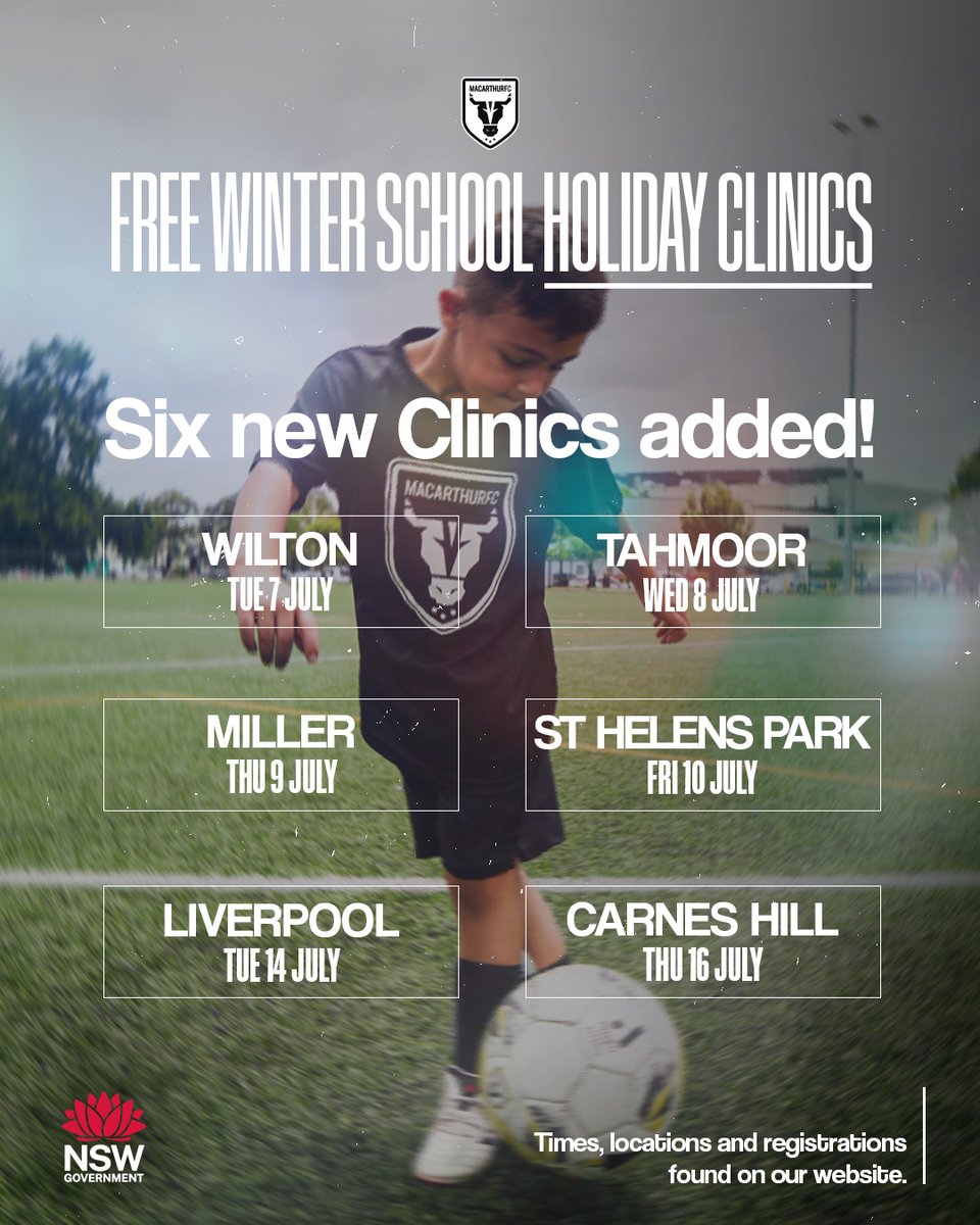 mfcbulls's tweet photo. Six brand new clinics just opened for these school holidays! 6️⃣
 
📋 4 weeks until school holiday clinics begin, register quick! https://t.co/RWo08KIaoI
 
#WeAreTheBulls https://t.co/uobnKH3Cyf