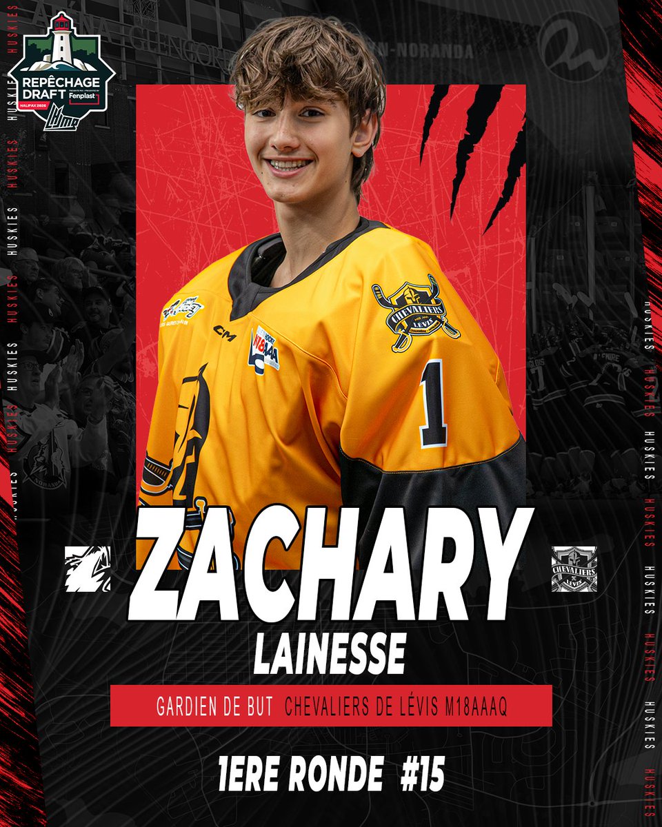 HuskiesRn's tweet photo. Pour le 15e choix du repêchage 2026, les Huskies sont fiers de sélectionner le gardien de but Zachary Lainesse 

#HuskiesRN #EnsemblePourLesHuskies https://t.co/XsU8GLFxeJ