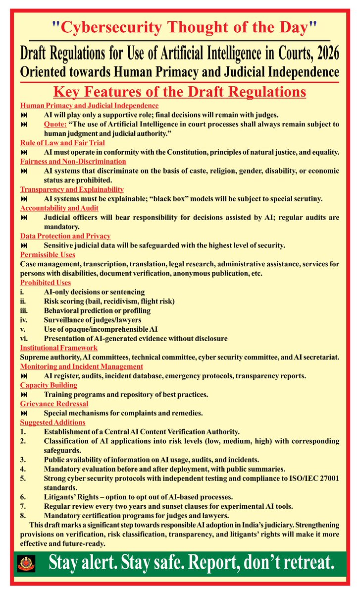 bthepolice's tweet photo. ⚖️ #DraftRegulations for #AI in Courts, 2026
👉 Human primacy & judicial independence
👉 Rule of law & fair trial
👉 Fairness, non‑discrimination & transparency
👉 Accountability, audits & privacy safeguards
👉 Clear permissible vs. prohibited uses
👉 Institutional framework, monitoring & grievance redressal
🔒 Suggested Additions:
✔️ Central AI Content Verification Authority
✔️ Risk‑based classification & safeguards
✔️ Public audits & transparency reports
✔️ Litigants’ right to opt‑out
📌 A milestone for responsible AI adoption in #India’s judiciary.
#CyberSecurity #AI #Judiciary #RuleOfLaw #DigitalJustice #DigitalIndia #DelhiPolice