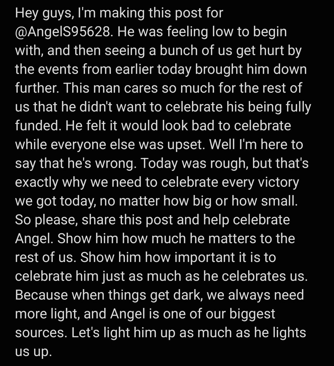 Sunblast2099's tweet photo. Hey guys, I'm making this post for @AngelS95628, he's feeling a little low. Please read the note I've attached and boost the hell out of this. https://t.co/df14nKVPTT