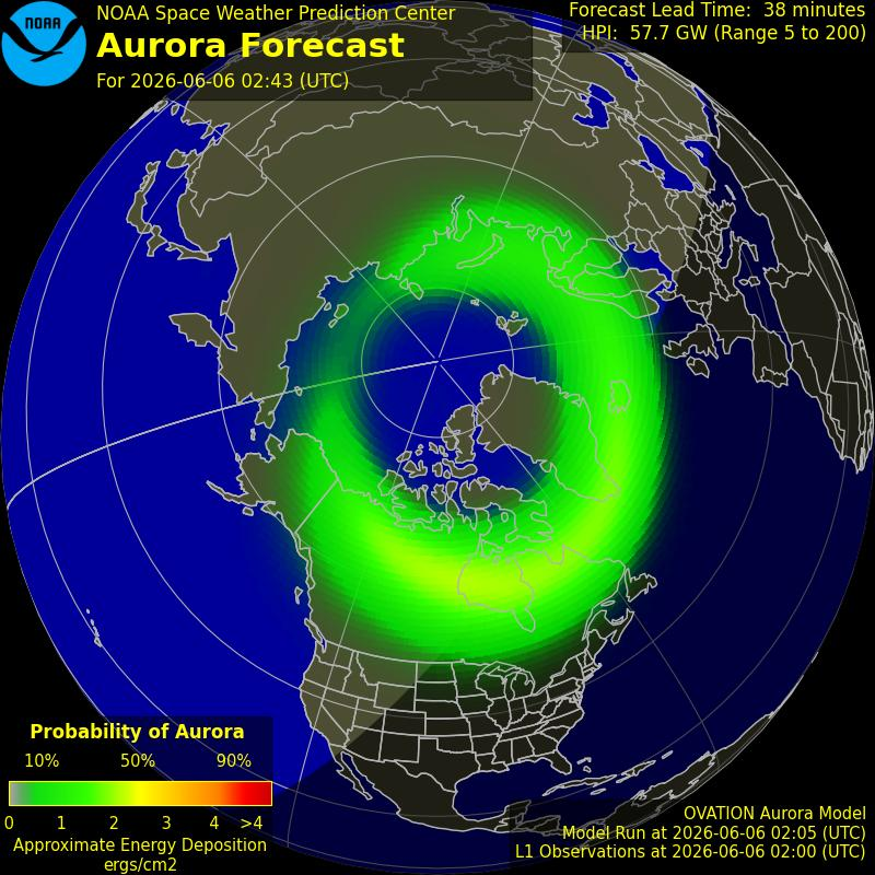 Vincent_Ledvina's tweet photo. Current OVATION model shows a slightly inflated auroral oval. This is probably true--solar wind speeds are > 550 km/s. We are under the influence of a coronal hole, it seems. Bz is pointing south, and substorms may drive views of the northern lights over the horizon for the northern tier of the U.S.
