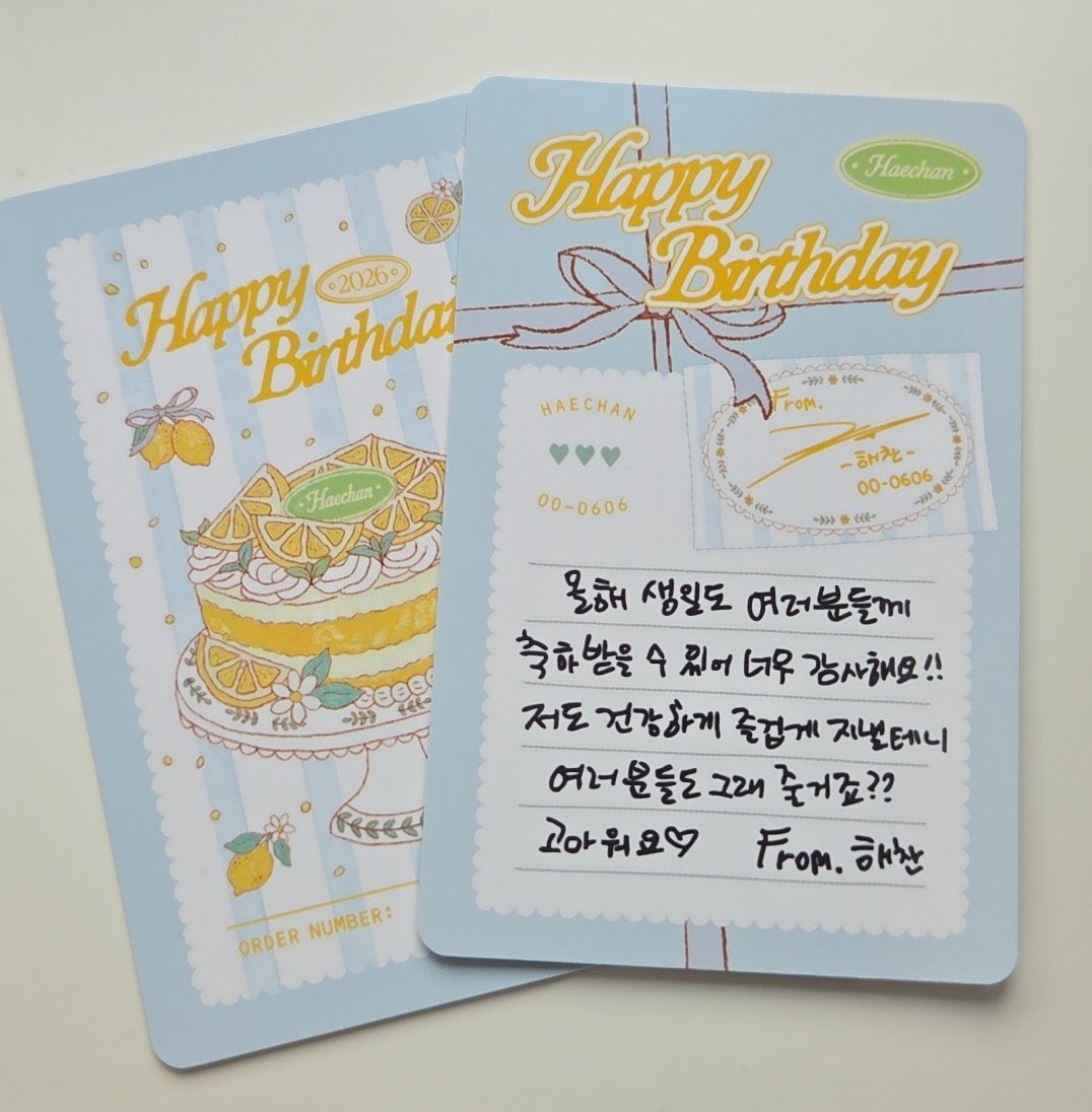 sunhaefs's tweet photo. 260606 #해찬 #HAECHAN

haechan's birthday official md :

"i’m so thankful to be able to receive your birthday wishes again this year!!
i’ll stay healthy and happy, so you’ll do the same too, right??
thank you ♡
from. haechan"

🥹🥹🥹

#해찬생일_완전_크레이지
#TasteOf26withHaechan
#HAPPYHAECHANDAY