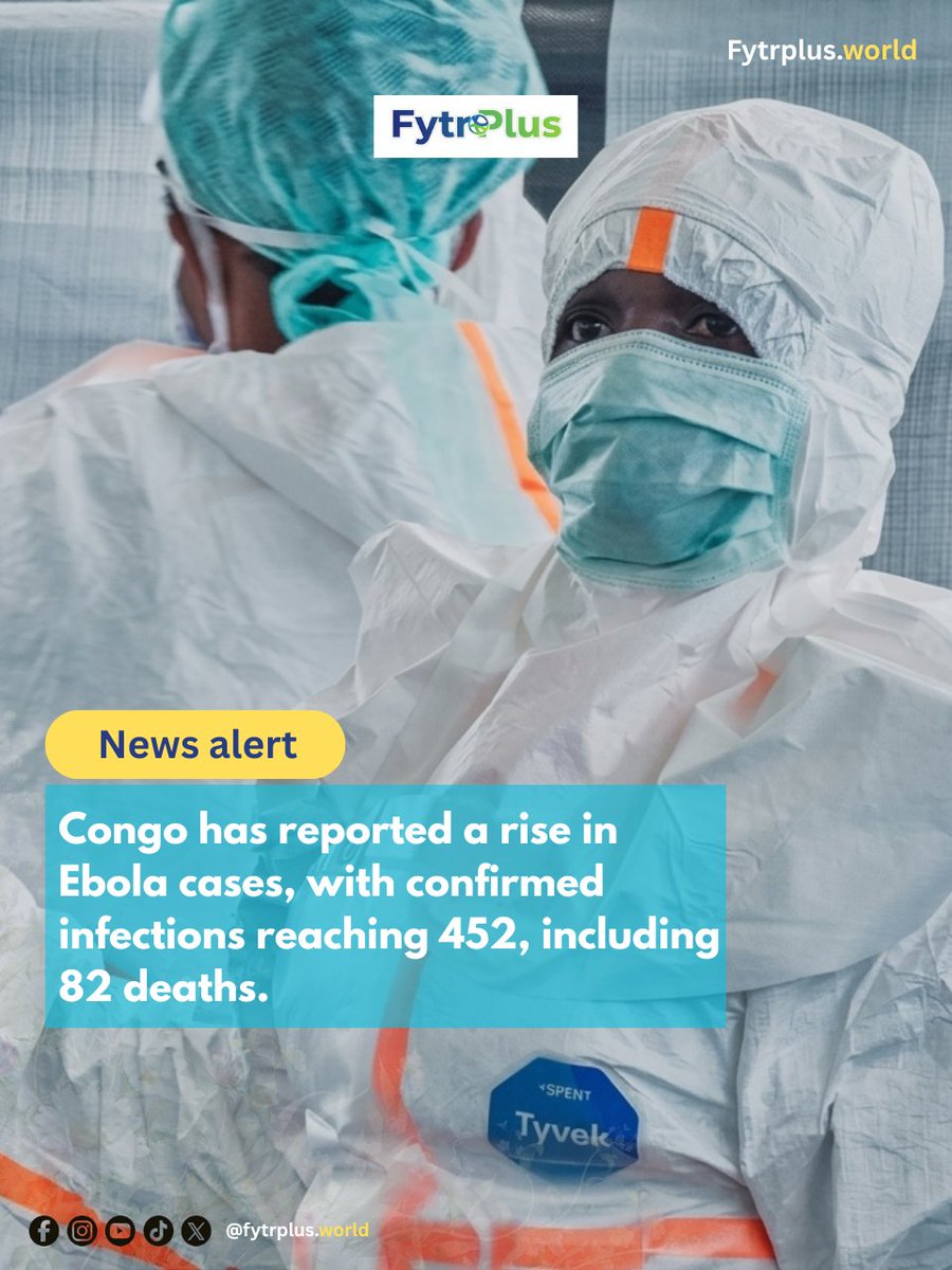 fytrplusworld's tweet photo. Congo has reported a rise in Ebola cases, with confirmed infections reaching 452, including 82 deaths. Health authorities are intensifying monitoring and response efforts to contain the outbreak.
#Congo #Ebola #HealthAlert #BreakingNews https://t.co/uwppPRG4HW