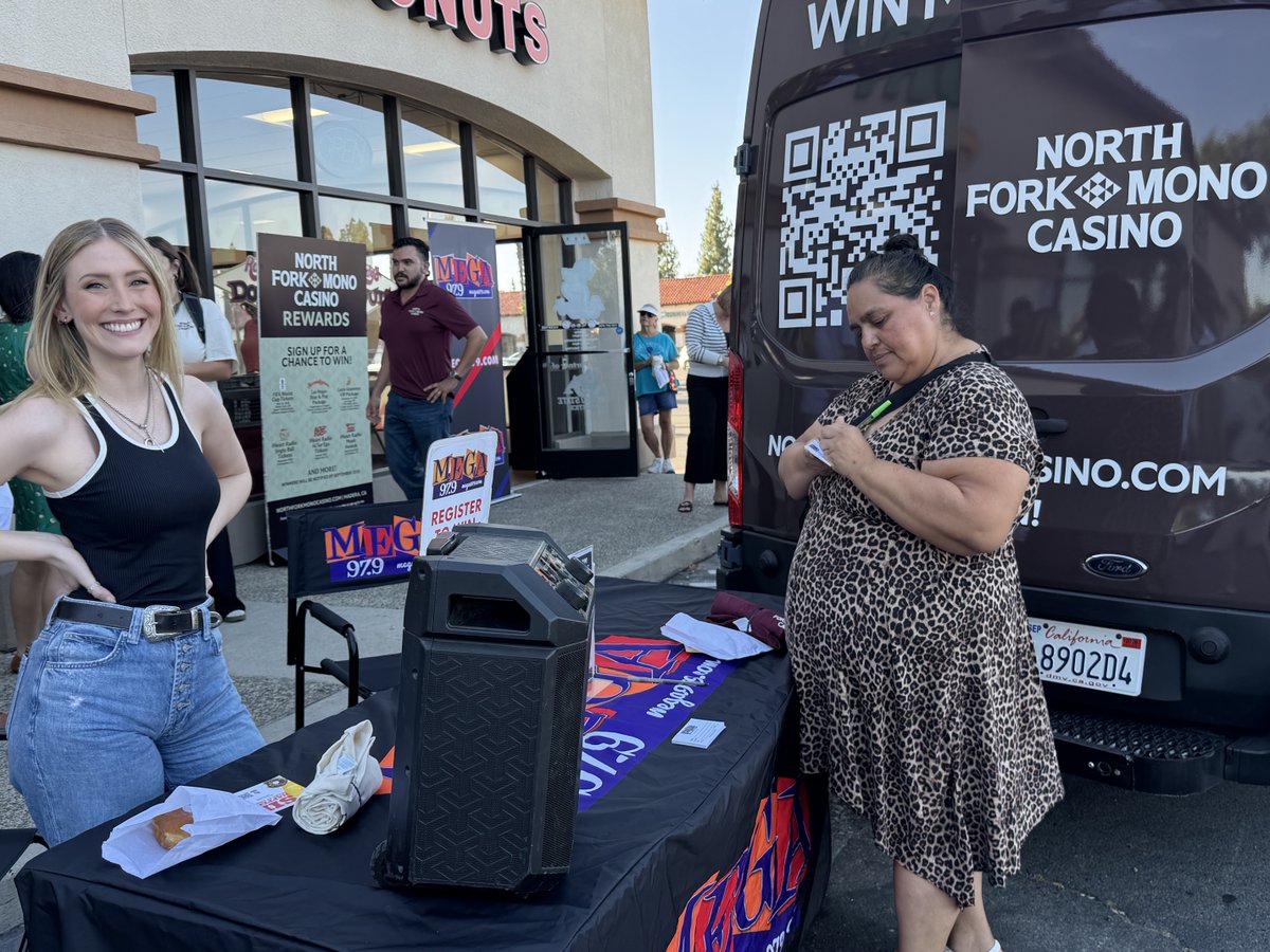 Mega979's tweet photo. Mega 97.9 and North Fork Mono Casino are hanging out at Randy’s Donuts in Clovis until 8 PM for National Donut Day! Come by say hi, sign up for your rewards card and get entered in for the chance to win epic prizes, exclusive event tickets and FREE DONUTS FOR A YEAR! https://t.co/Aywvi0wPWa