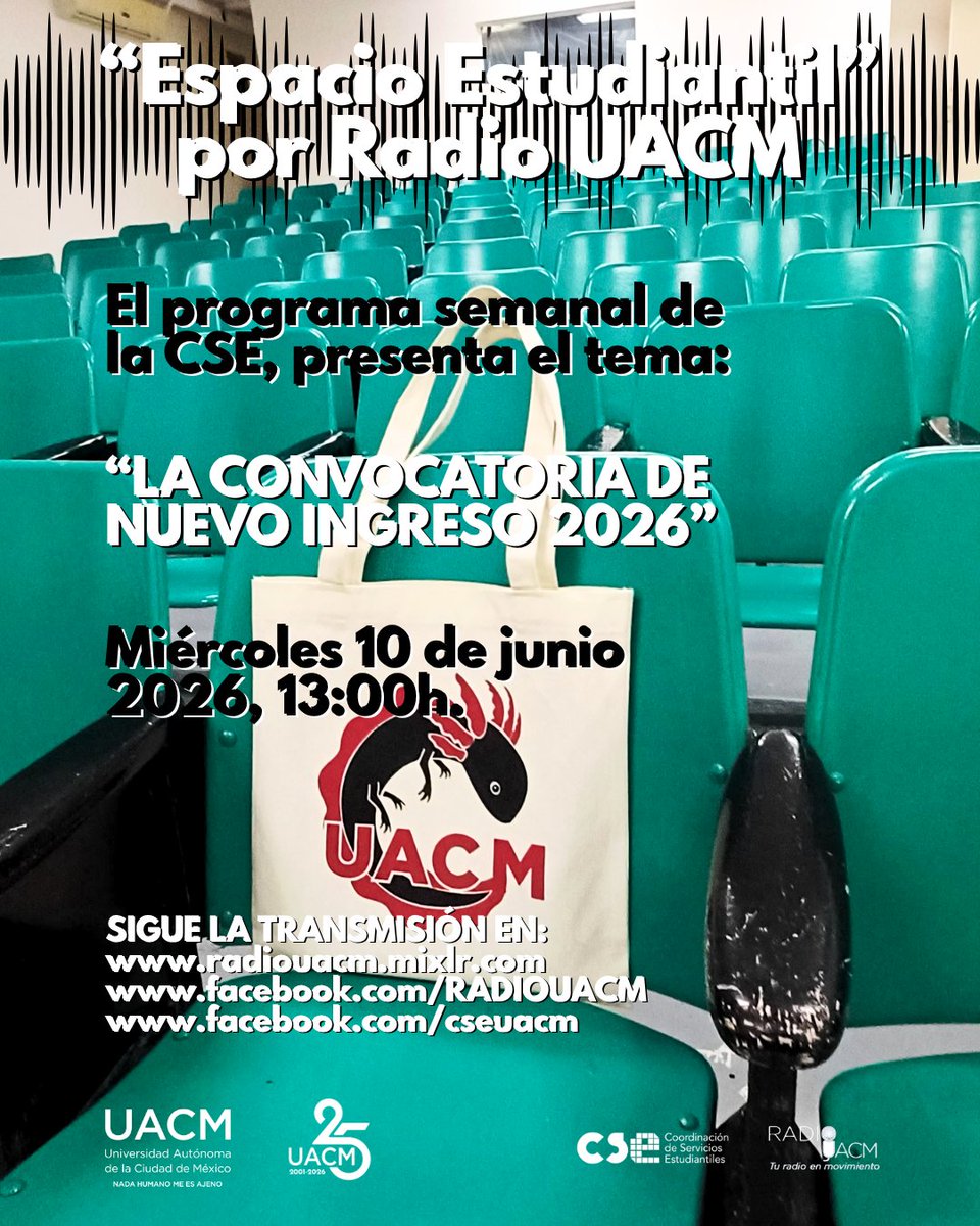 OctavioFSanti's tweet photo. Hoy se publicó la #Convocatoria de #NuevoIngreso a la Universidad de la CDMX. Por ello, la próxima emisión de #EspacioEstudiantil se dedicará a sus pormenores. 

@UACM #ServiciosEstudiantilesUACM 
#RadioUACM 
#UACM25Años #UACMEducación https://t.co/JzLymt3WZ1