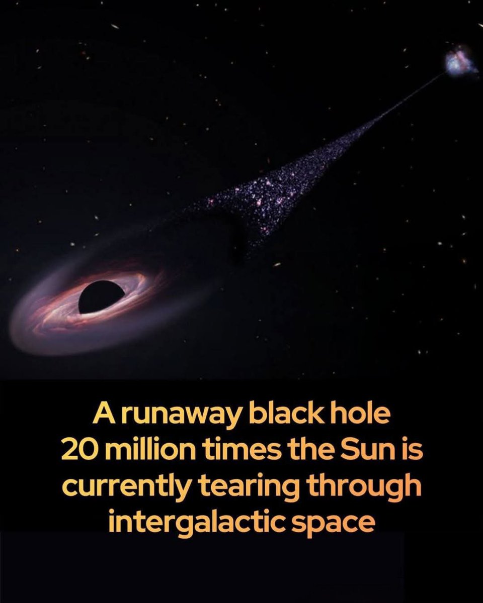 AstronomyVibes's tweet photo. 🚨 Scientists just found a rogue supermassive black hole leaving a 200,000-light-year trail of stars as it speeds through space.

That’s as long as the Milky Way galaxy. 

A rogue supermassive black hole, estimated to be 20 million times the mass of our Sun, is tearing through intergalactic space at breathtaking speed—fast enough to travel from Earth to the Moon in just 14 minutes. 

But rather than destroying everything in its path, it's sparking new life. As it speeds through a cloud of diffuse gas, it compresses and cools the material, igniting a trail of newborn stars that stretches an astonishing 200,000 light-years—nearly double the diameter of our Milky Way. This brilliant wake of hot, young blue stars may be the first evidence of a runaway black hole creating rather than consuming.

Astronomers believe this cosmic bullet was launched during a chaotic interaction between three supermassive black holes—an intergalactic billiard game that hurled one black hole out of its host galaxy. The phenomenon was discovered accidentally while researchers were reviewing Hubble images, mistaking a faint streak for a glitch until further analysis revealed a dense stellar stream and a displaced galactic core. This discovery opens a new window into the life cycle of galaxies and black holes, raising the possibility that such cosmic runaways—and their luminous trails—may be more common than we ever imagined.

Source: NASA. (2025). Hubble Sees Possible Runaway Black Hole Creating a Trail of Stars.