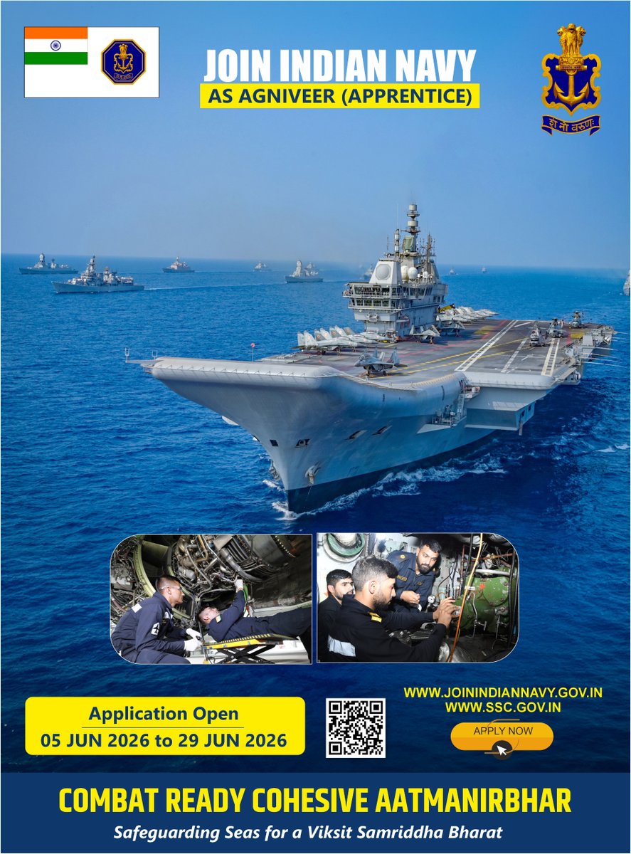 indiannavy's tweet photo. Join Indian Navy

Indian Navy invites applications for Agniveer (Apprentice) - 01/2027 & 02/2027 Batch. 
@IN_Chilka 

Application window open from 05 Jun 2026 to 29 Jun 2026