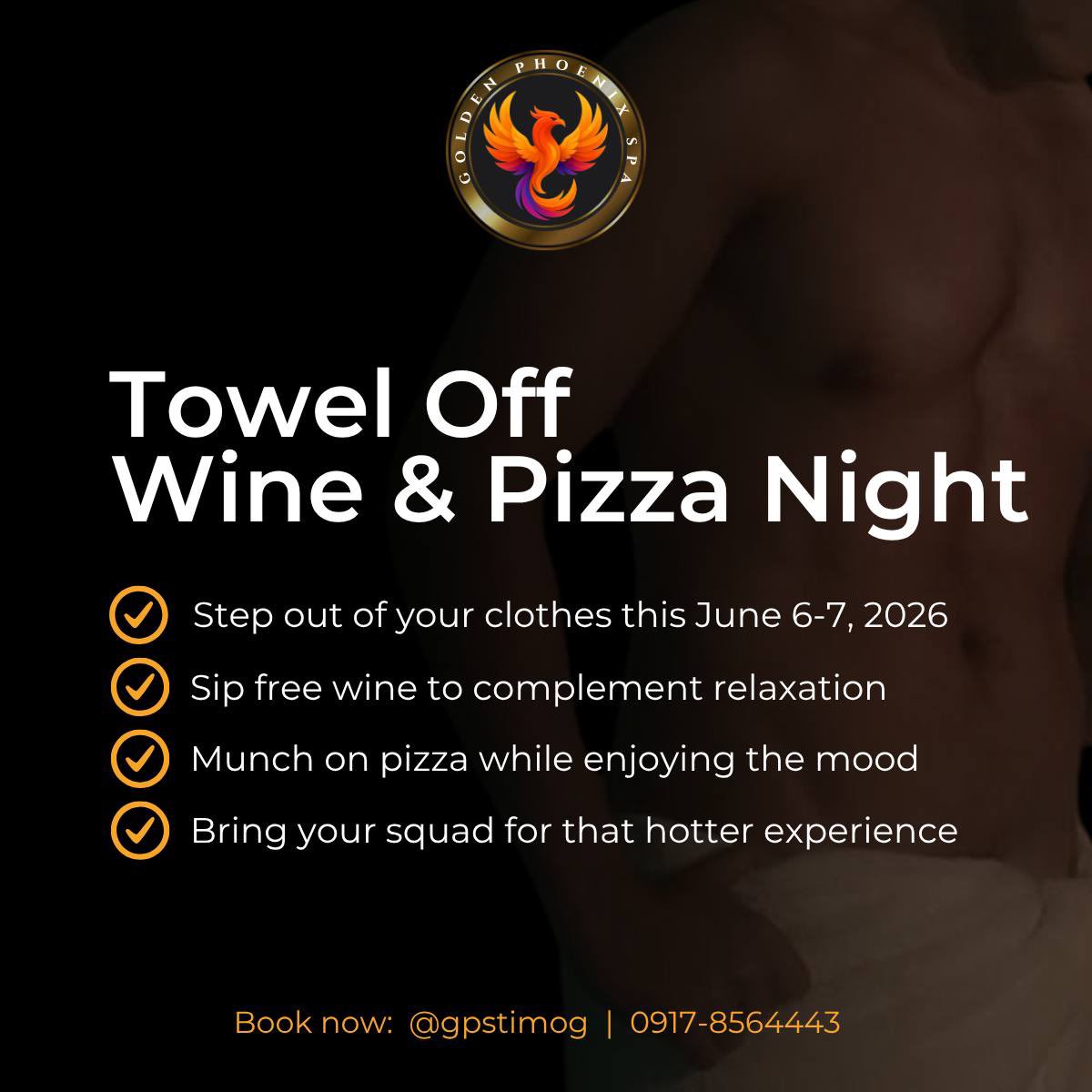 GPSTimog's tweet photo. 🍷🍕 Towel Off, Wine & Pizza Night is Here! 🍕🍷

Leave the stress behind and step into a night of pure relaxation at GPS Timog. Unwind with soothing treatments, sip on complimentary wine, and enjoy delicious pizza while soaking in the atmosphere.

📅 June 6–7, 2026
🍷 Free wine for all guests
🍕 Complimentary pizza treat
👥 Bring your friends and make it a night to remember

Because great company, good food, and total relaxation are always better together.

📩 Reserve your slot now: @gpstimog | 0917-856-4443