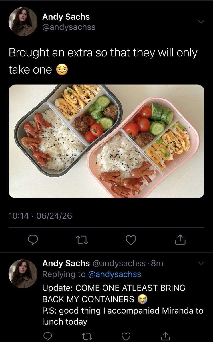 gae4emily's tweet photo. Mirandy AU where someone in the office keeps stealing Andy’s lunchboxes https://t.co/YD3q4m4L5q