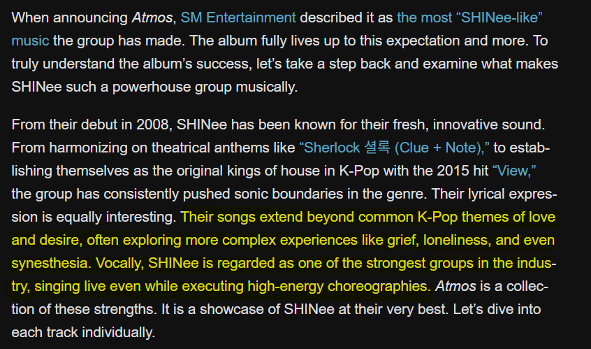 retrotesque's tweet photo. "[...] Their songs extend beyond common K-Pop themes of love &amp; desire, often exploring more complex experiences like grief, loneliness, even synesthesia. 

Vocally, SHINee is regarded as one of the strongest groups in the industry."

that is my artist 🥹
🔗https://t.co/H4gGP3pchY https://t.co/MXIOkHP00B