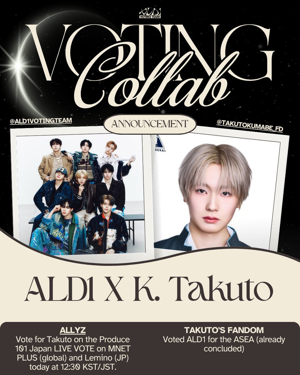 ALD1VOTINGTEAM's tweet photo. [📢] PRODUCE 101 JAPAN — LIVE VOTE (COLLAB RETURN VOTES)

⏰️❗️ START: TODAY, 12:30 KST/JST ❗️⏰️

ALLYZ, you still remember the help Teddys gave us during our ASEA voting, right ❓️❔️❓️

Our debt still hasn't been fully repaid, so we urgently ask you to help us VOTE FOR K. TAKUTO on the Produce 101 Japan live vote STARTING IN CA. 1 HOUR! ❗️

If you vote from multiple accounts, please reach out to us and we'll provide you with our Gdrive link. 

🔗 — For everyone else, please use this form to upload your proof (no watermarks needed, no modifications): https://t.co/OXOabi5Pl5

⚠️ MNET PLUS (global excl. Japan) and LEMINO (Japan only) votes can be submitted as proof!

Thank you, ALLYZ! ❤️

#ALPHADRIVEONE #ALD1 
#알파드라이브원 #알디원 @TAKUTOKUMABE_FD