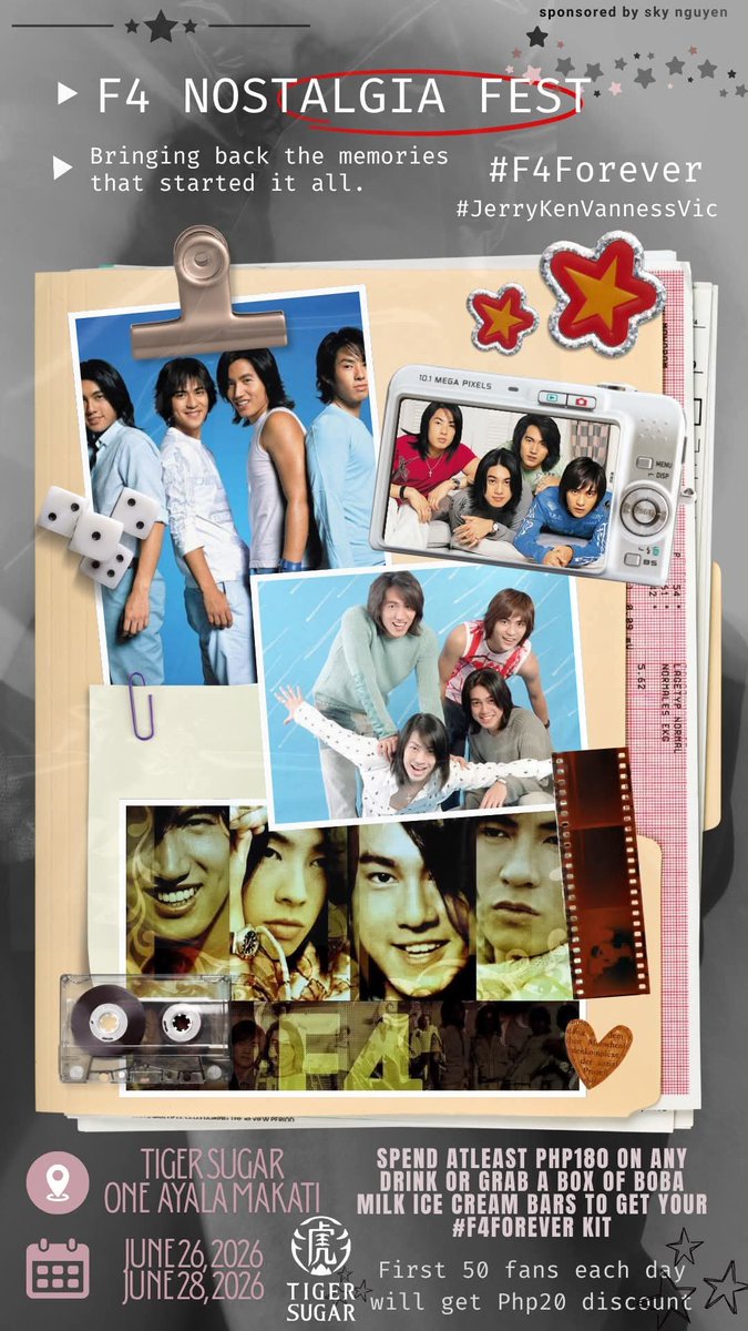jEntOt_13's tweet photo. F4 Nostalgia Fest
🗓 Jun 26 (FRI)
Jun 28 (SUN)
⏰️Mall Hours (until supplies last)
📍Tiger Sugar-One Ayala Makati
Just buy any drink worth atleast P180 or a box of boba milk ice cream bars to score a kit
#F4forever #JerryYan #VicZhou #VannessWu #KenChu #FforeverInManila https://t.co/y1rzW3U5CX