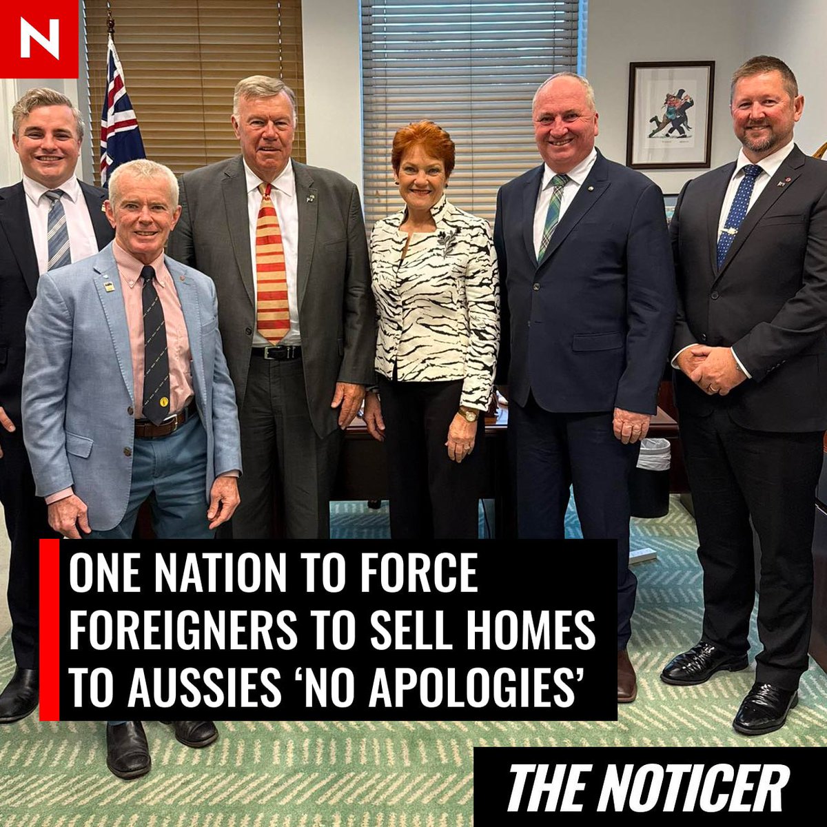 NoticerNews's tweet photo. One Nation leader Pauline Hanson has been praised by voters after vowing to force some foreign home owners to sell their properties to Aussies.

"No apologies for prioritising Australians first" https://t.co/FrMc7YjYGl