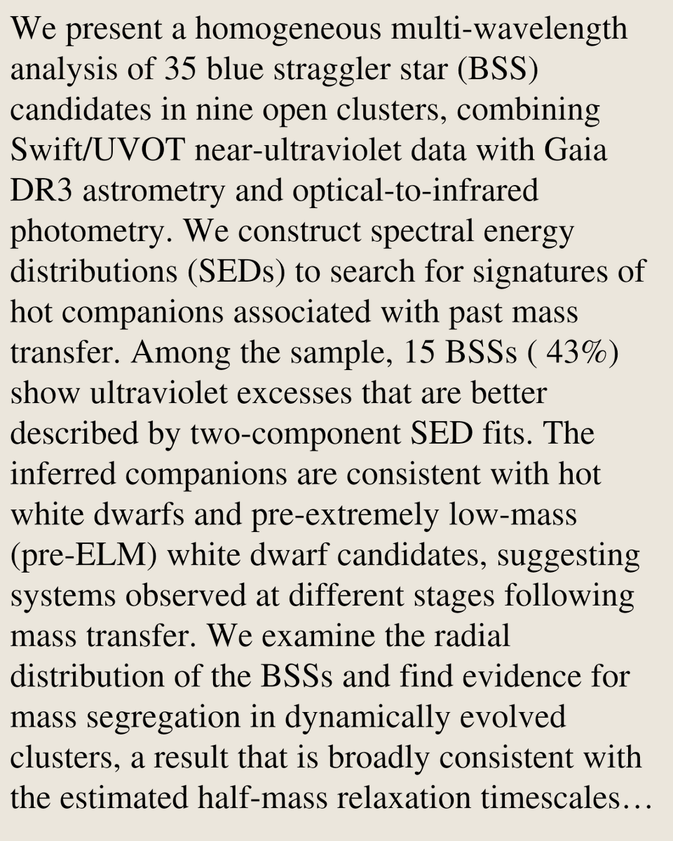 VTWV's tweet photo. Hot Degenerate Components in Blue Stragglers: A Multi-Wavelength SED Analysis of Nine Open Clusters with Swift/UVOT

Deniz Cennet Çınar, D. Bisht, Selçuk Bilir, Songmei Qin, Leila Saker
https://t.co/ZWXqGK9IXi [𝚊𝚜𝚝𝚛𝚘-𝚙𝚑.𝚂𝚁] https://t.co/thBj157dFJ