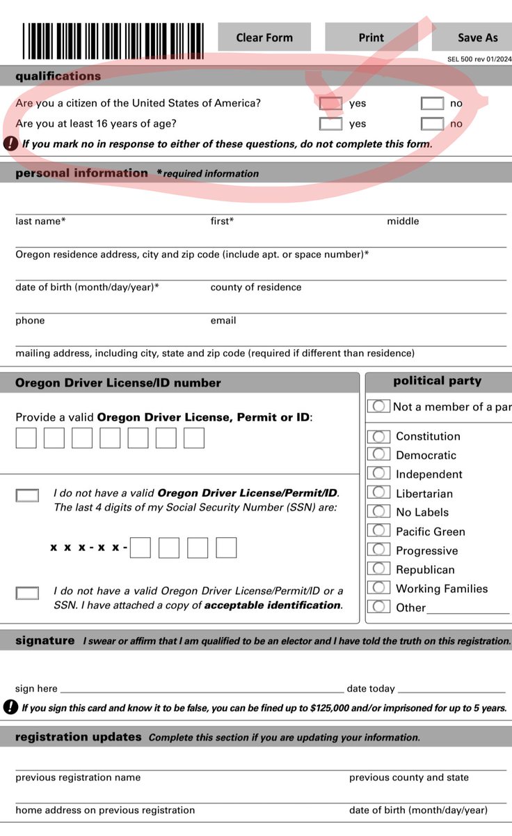 OR_Independent's tweet photo. Imagine calling someone fascist while also supporting a government that refuses to take steps to ensure the voice of legitimate citizens are counted.  

Voter registration does not ask for ID or proof of citizenship.

You can post cute memes. Here's the actual form. 
Anyone who can check a box is considered a citizen. The state does not verify. 
No id? No problem! Just say you don't have it.  Sign any name here and that's all they need. 
Any address.
Unlimited times.

This is enabling fraud.