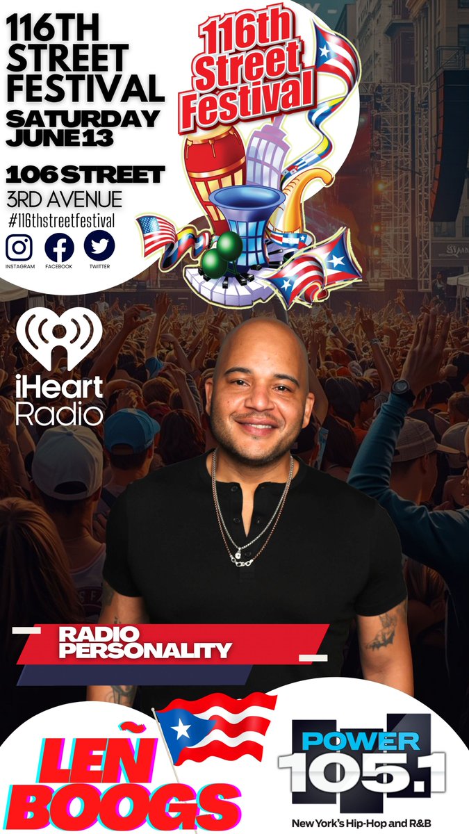 116thstfestival's tweet photo. Big talent. Bigger energy. ⚡️ The @iHeartRadio stage is bringing an electric lineup to #116thStFestival!  We have even more massive talent drops coming soon. Keep your notifications on! 🎤🔥 @HoneyGerman @LenBoogs  @YoJoshMartinez  @DJPROSTYLE https://t.co/OREyEYuxR5