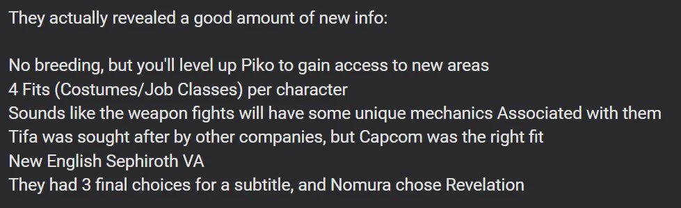 KZXcellent's tweet photo. Roundup of info from Max's stream for FF7 Revelation.

Based on footage so far it looks like you'll just unlock the other chocobo skills from Rebirth as you level it up. We saw the water hovering move from Nibelheim already. https://t.co/SY7GWWI824
